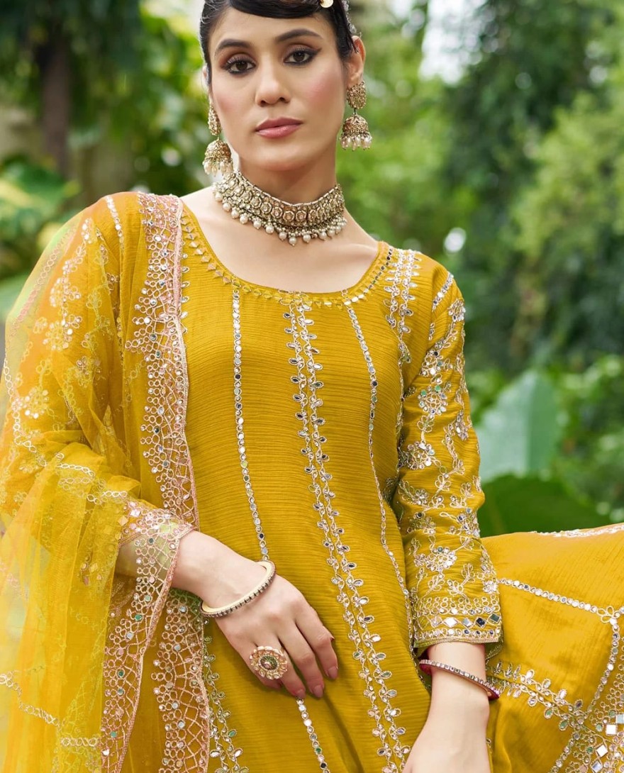 YELLOW - Embroidered and Mirror Work Chinon Salwar Suit In Yellow for Ceremonial